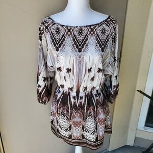 Angie Boho Smocked Waist Ethnic Print Festival Earthy‎ Fairy Tunic Top Womens S